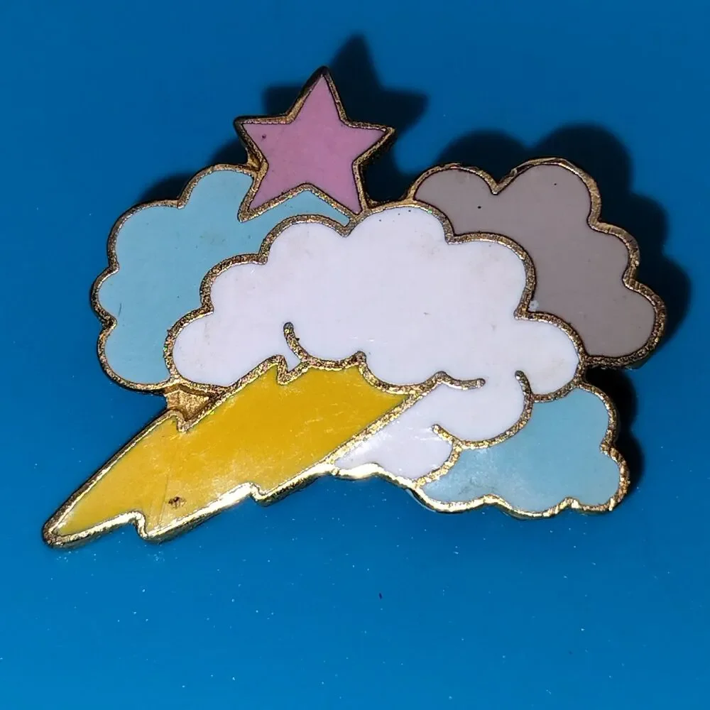 Cute Cloud Lightning Star Enamel Pin Gold Tone Celestial Sky Weather Pinback